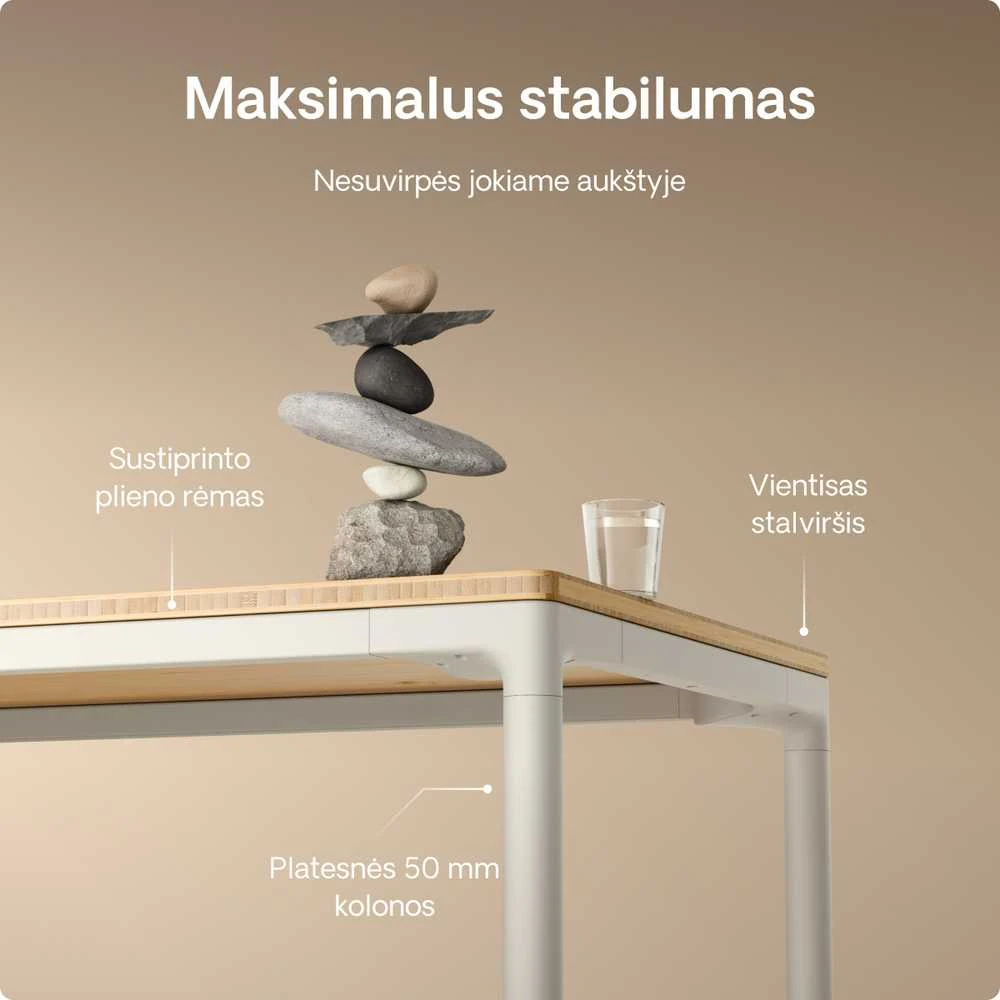 Elektrinis Reguliuojamo Aukščio Stalas Desktronic HomeMax Baltas/Bambukas, 160x80cm, Keturi varikliai, Magnetinis kabelių laikiklis