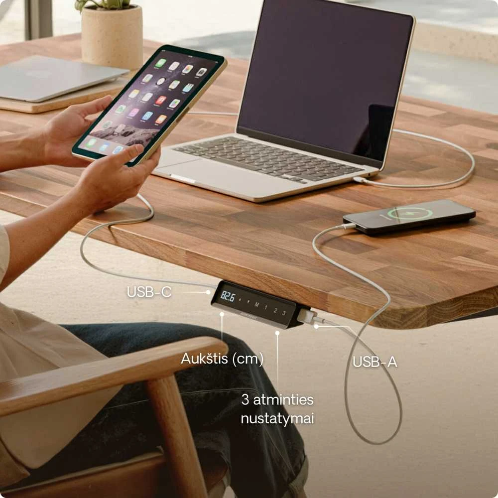 Elektrinis reguliuojamo aukščio stalas Desktronic HomePro Riešutmedžio masyvas/Juodas, 180x80cm, Dvigubas motoras, USB ir USB-C įkrovimo lizdai