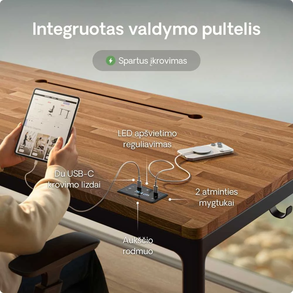 Elektrinis Reguliuojamo Aukščio Stalas Desktronic HomeMax Juodas/Riešutmedis, 160x80cm, Keturi varikliai, Magnetinis kabelių laikiklis