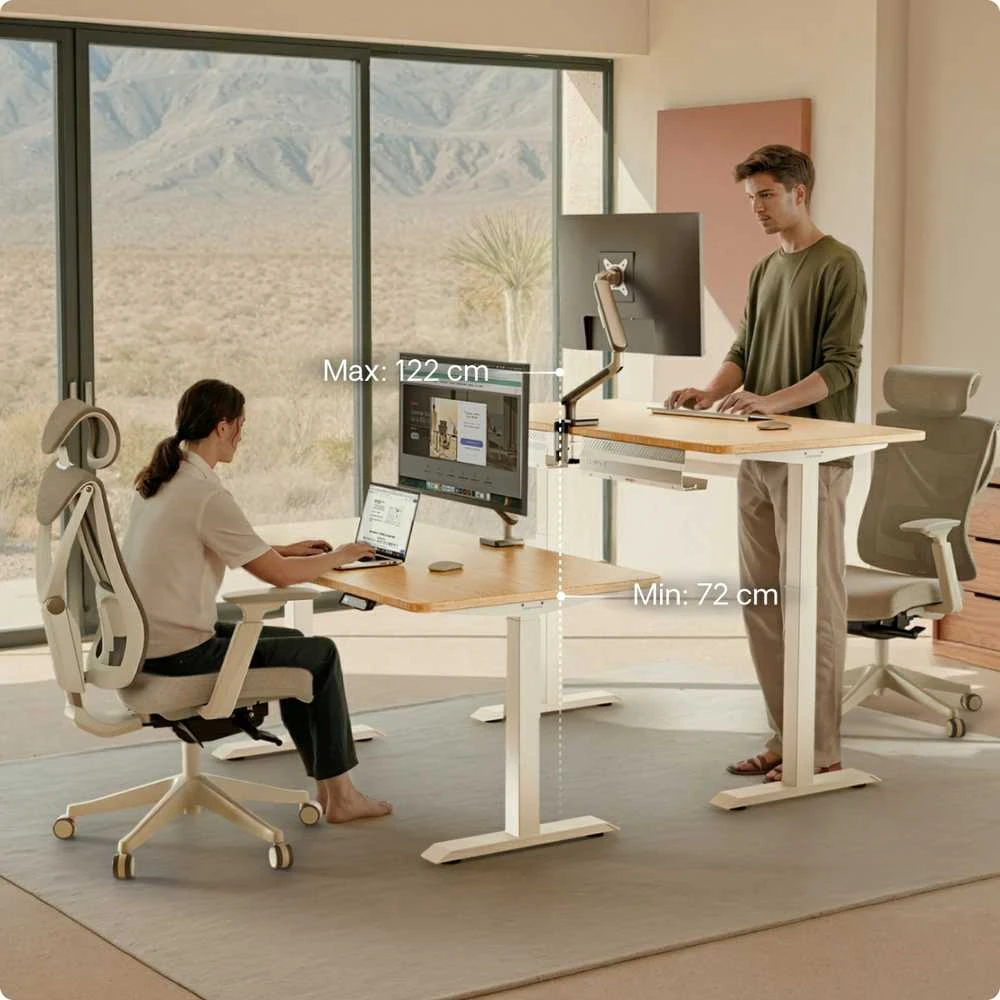 Elektrinis reguliuojamo aukščio stalas Desktronic HomeOne Bambukas/Baltas, 120x60cm, Dvigubas motoras, USB ir USB-C įkrovimo lizdai