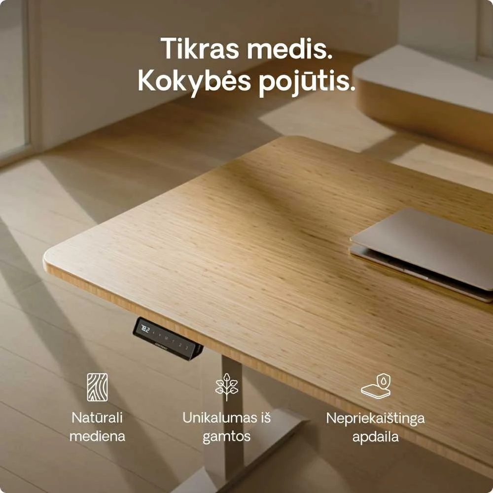 Elektrinis reguliuojamo aukščio stalas Desktronic HomeOne Bambukas/Baltas, 120x60cm, Dvigubas motoras, USB ir USB-C įkrovimo lizdai