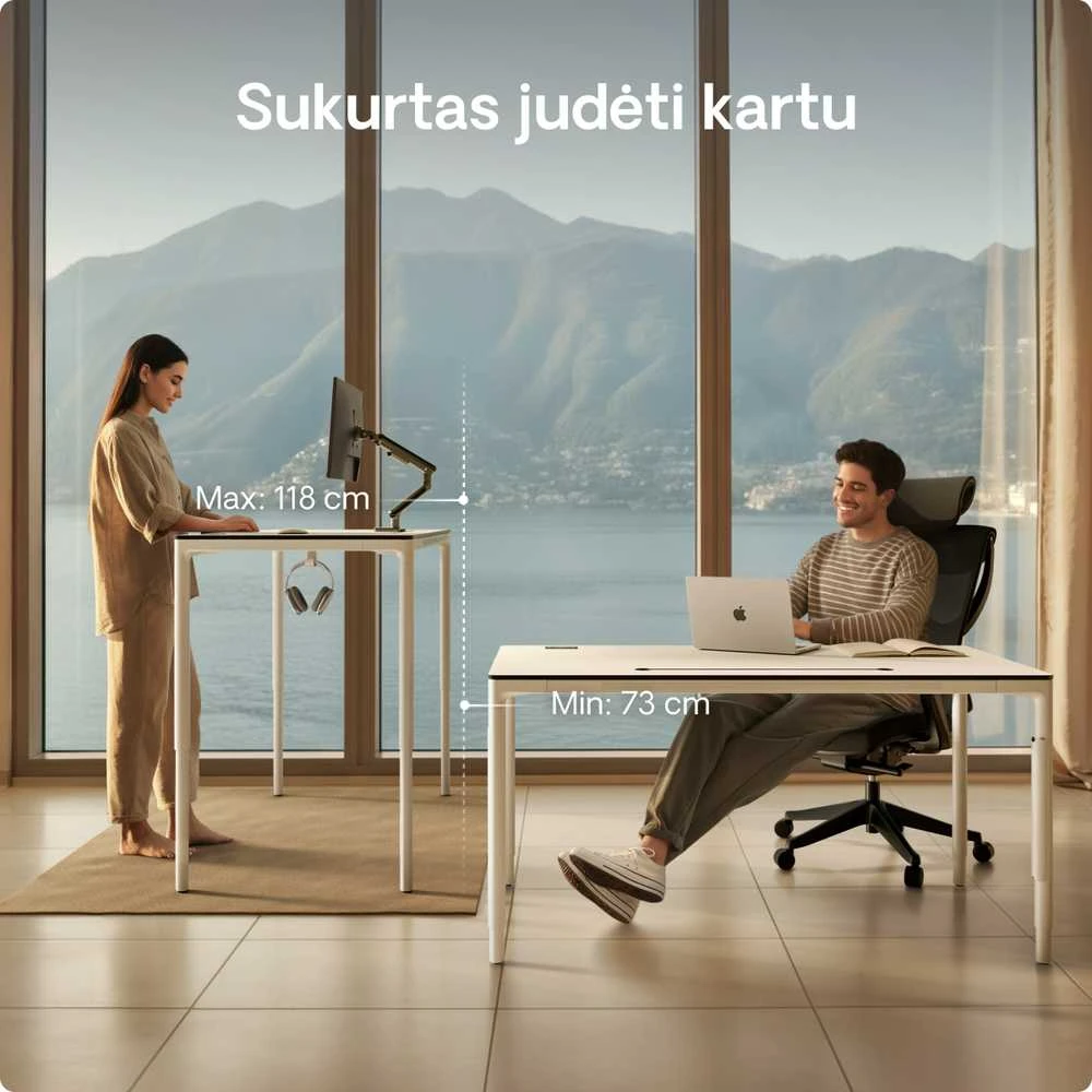 Elektrinis Reguliuojamo Aukščio Stalas Desktronic HomeMax Baltas/Baltas, 160x80cm, Keturi varikliai, Magnetinis kabelių laikiklis