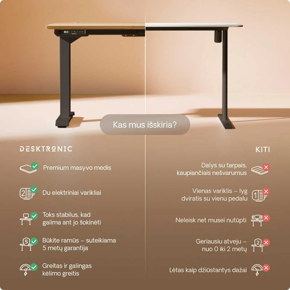 Elektrinis reguliuojamo aukščio stalas Desktronic HomePro Ąžuolo masyvas/Juodas, 180x80cm, Dvigubas motoras, USB ir USB-C įkrovimo lizdai