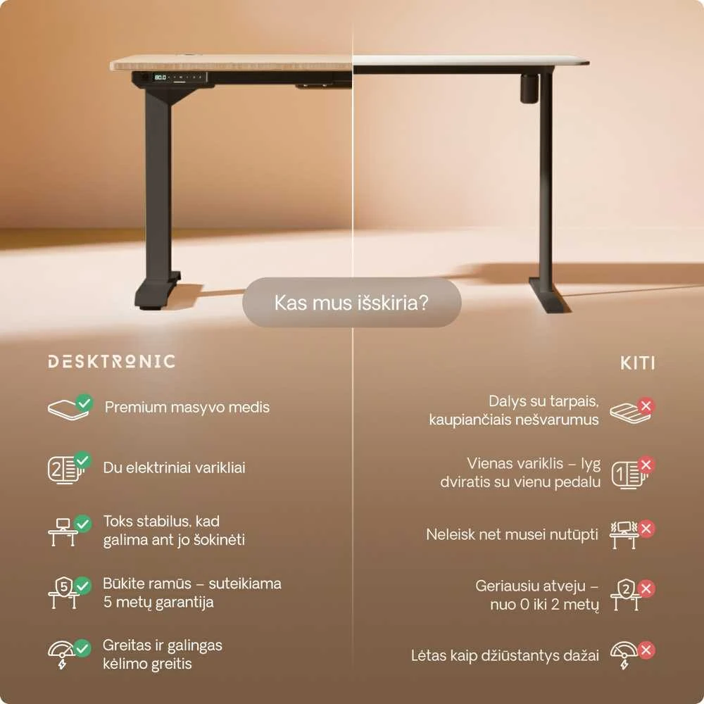 Elektrinis reguliuojamo aukščio stalas Desktronic HomePro Bambukas/Juodas, 180x80cm, Dvigubas motoras, USB ir USB-C įkrovimo lizdai