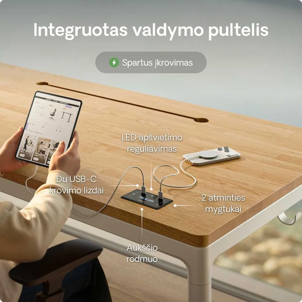 Elektrinis Reguliuojamo Aukščio Stalas Desktronic HomeMax Baltas/Ąžuolas, 160x80cm, Keturi varikliai, Magnetinis kabelių laikiklis