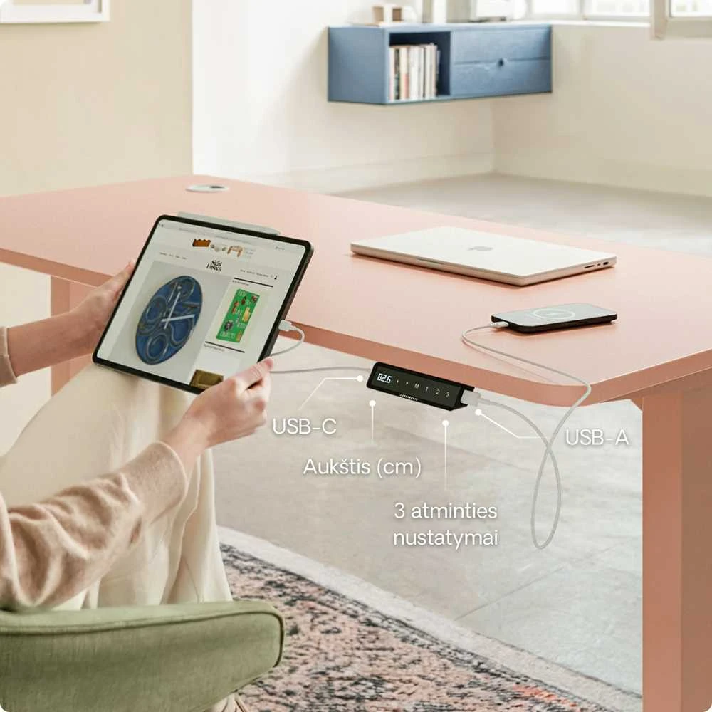 Elektrinis reguliuojamo aukščio stalas Desktronic HomePro Juodas/Rožinis, 120x60cm, Dvigubas motoras, USB ir USB-C įkrovimo lizdai