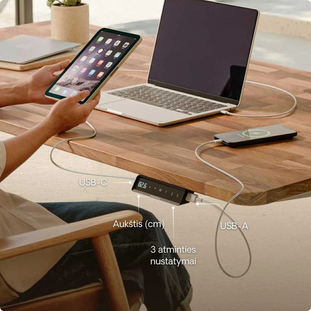 Elektrinis reguliuojamo aukščio stalas Desktronic HomePro Riešutmedžio masyvas/Pilkas, 200x80cm, Dvigubas motoras, USB ir USB-C įkrovimo lizdai