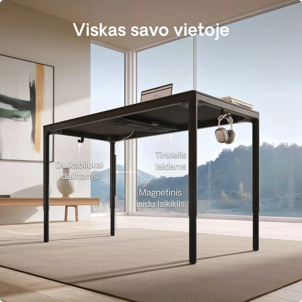 Elektrinis Reguliuojamo Aukščio Stalas Desktronic HomeMax Juodas/Juodas, 160x80cm, Keturi varikliai, Magnetinis kabelių laikiklis