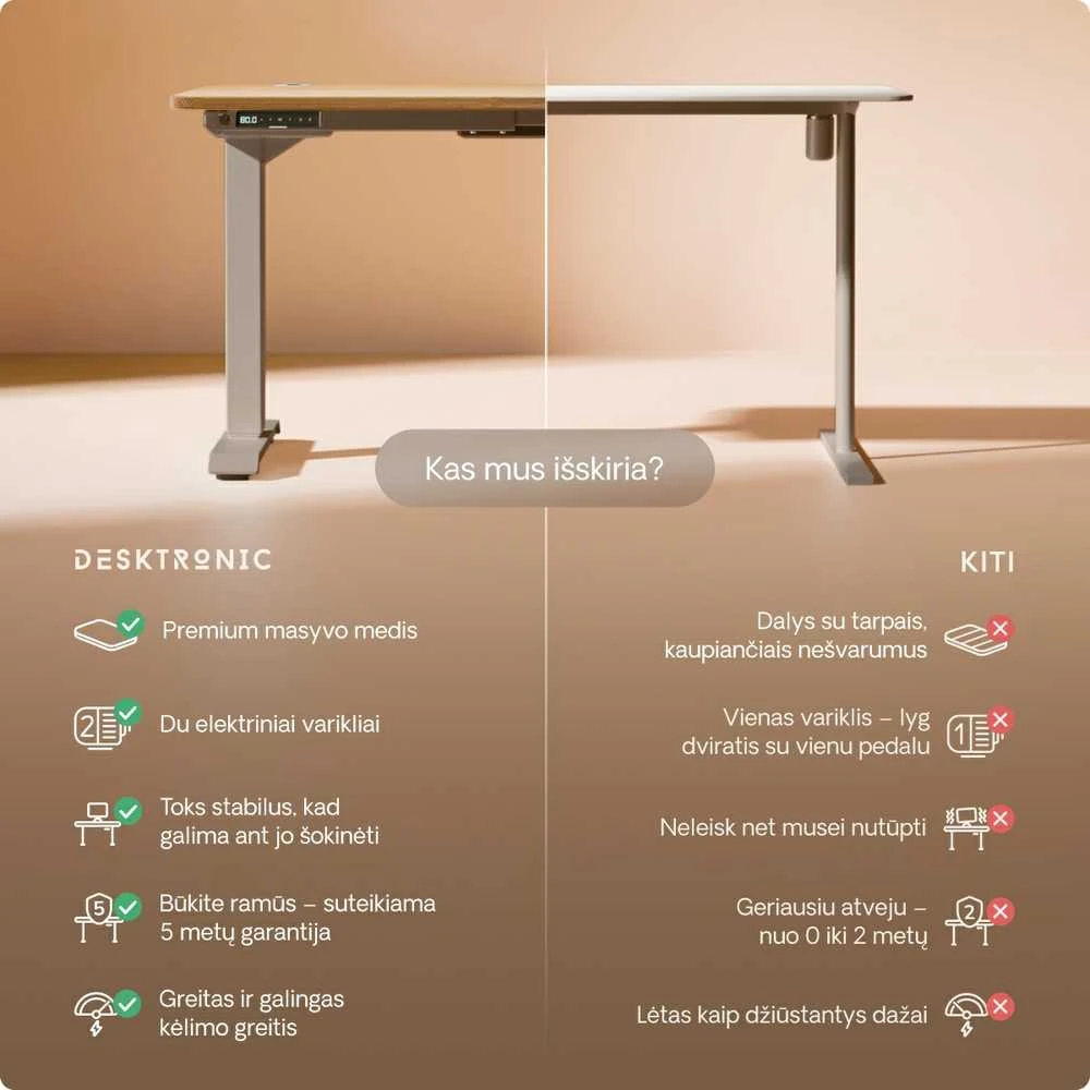 Elektrinis reguliuojamo aukščio stalas Desktronic HomePro Ąžuolo masyvas/Pilkas, 200x80cm, Dvigubas motoras, USB ir USB-C įkrovimo lizdai
