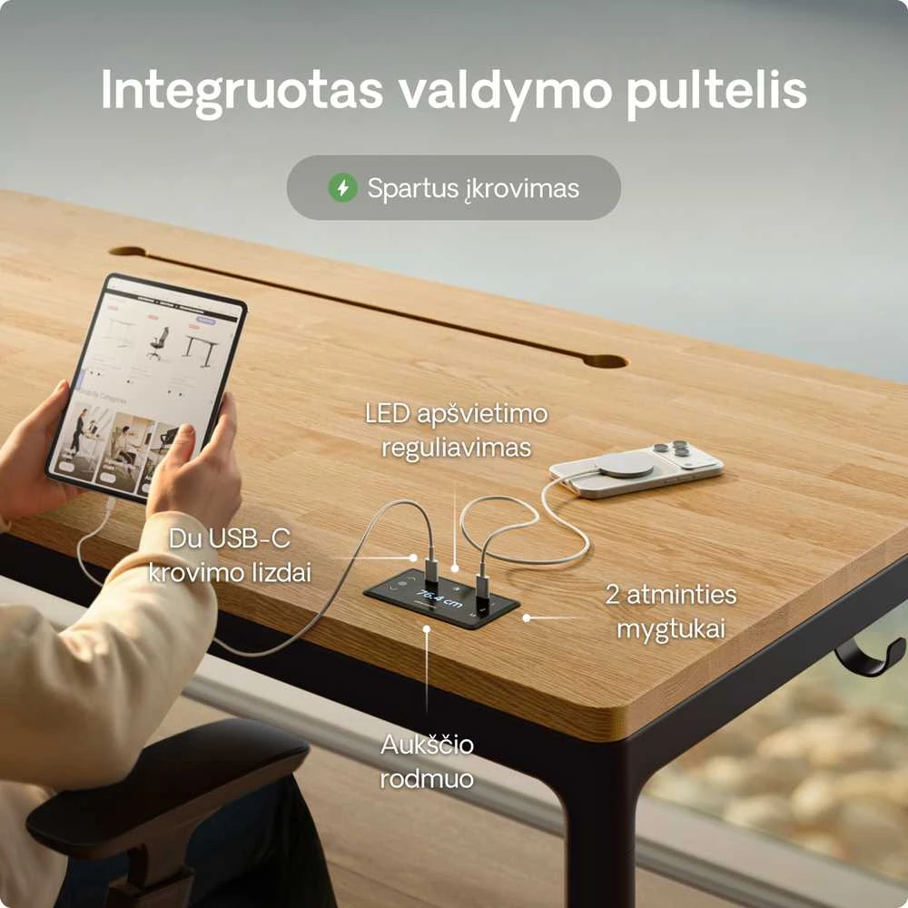 Elektrinis Reguliuojamo Aukščio Stalas Desktronic HomeMax Juodas/Ąžuolas, 160x80cm, Keturi varikliai, Magnetinis kabelių laikiklis