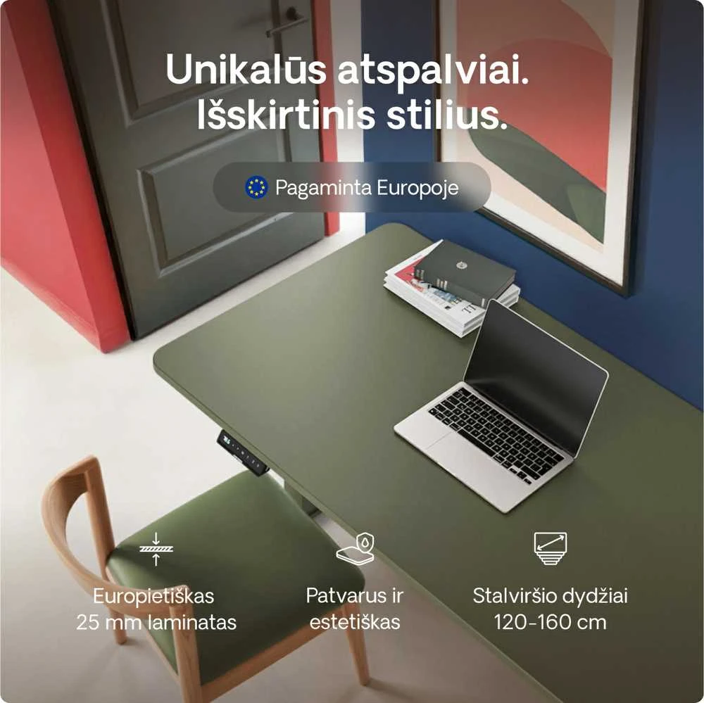 Elektrinis reguliuojamo aukščio stalas Desktronic HomeOne Žalias/Žalias, 120x60cm, Dvigubas motoras, USB ir USB-C įkrovimo lizdai