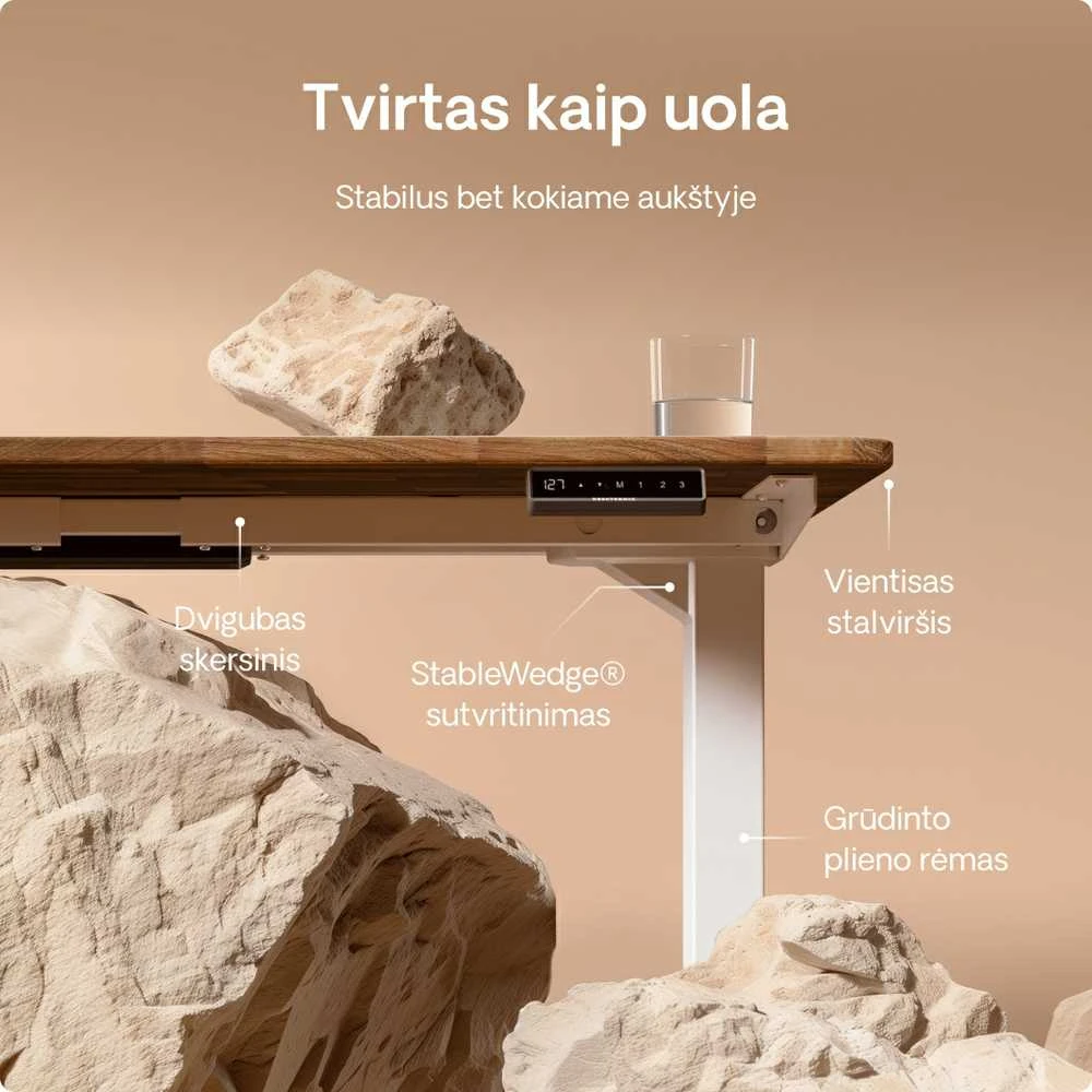 Elektrinis reguliuojamo aukščio stalas Desktronic HomePro Riešutmedžio masyvas/Baltas, 200x80cm, Dvigubas motoras, USB ir USB-C įkrovimo lizdai