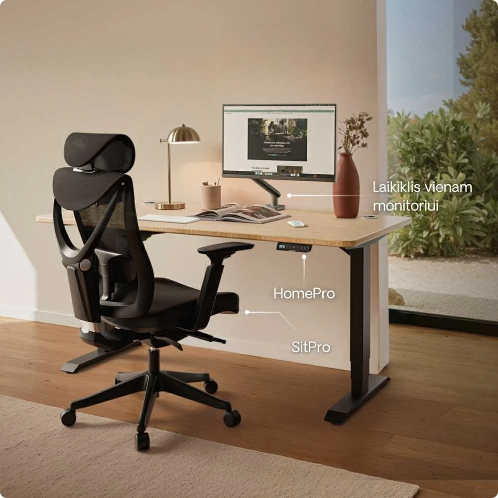 Elektrinis reguliuojamo aukščio stalas Desktronic HomePro Bambukas/Juodas, 180x80cm, Dvigubas motoras, USB ir USB-C įkrovimo lizdai