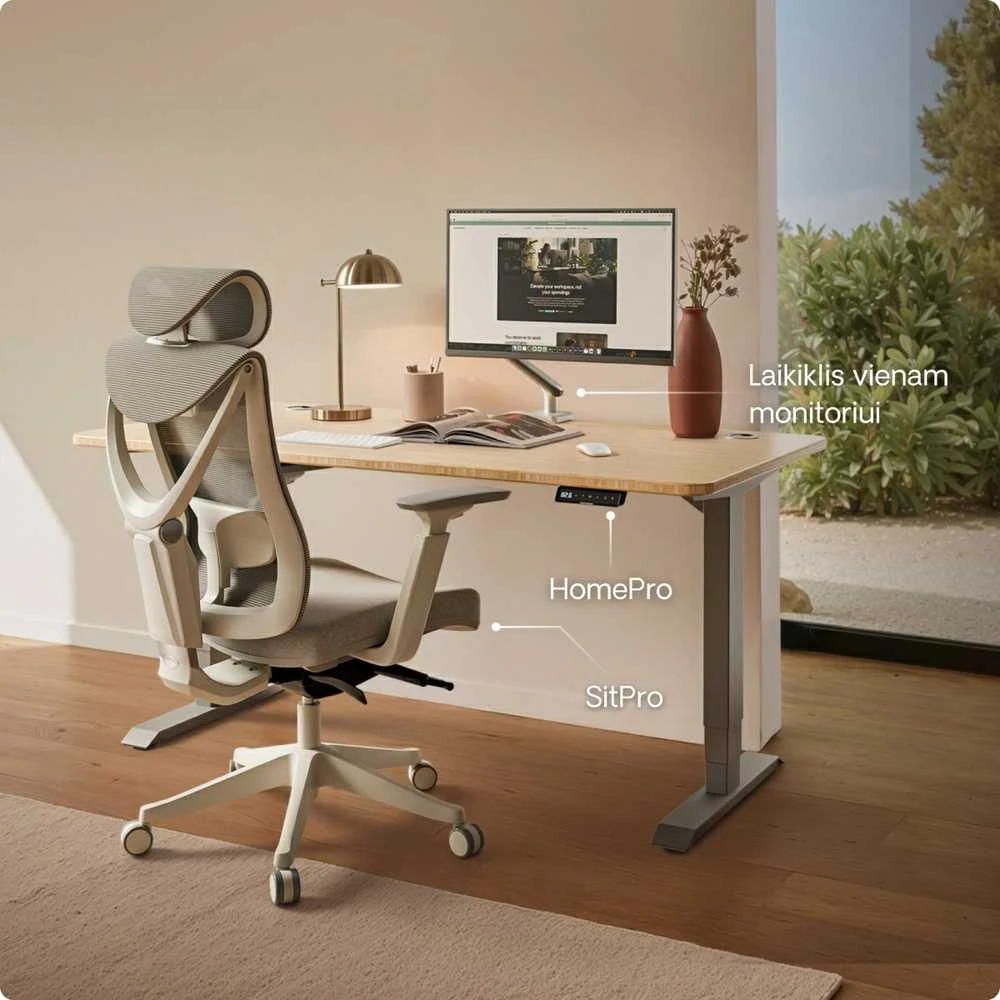 Elektrinis reguliuojamo aukščio stalas Desktronic HomePro Bambukas/Pilkas, 140x70cm, Dvigubas motoras, USB ir USB-C įkrovimo lizdai