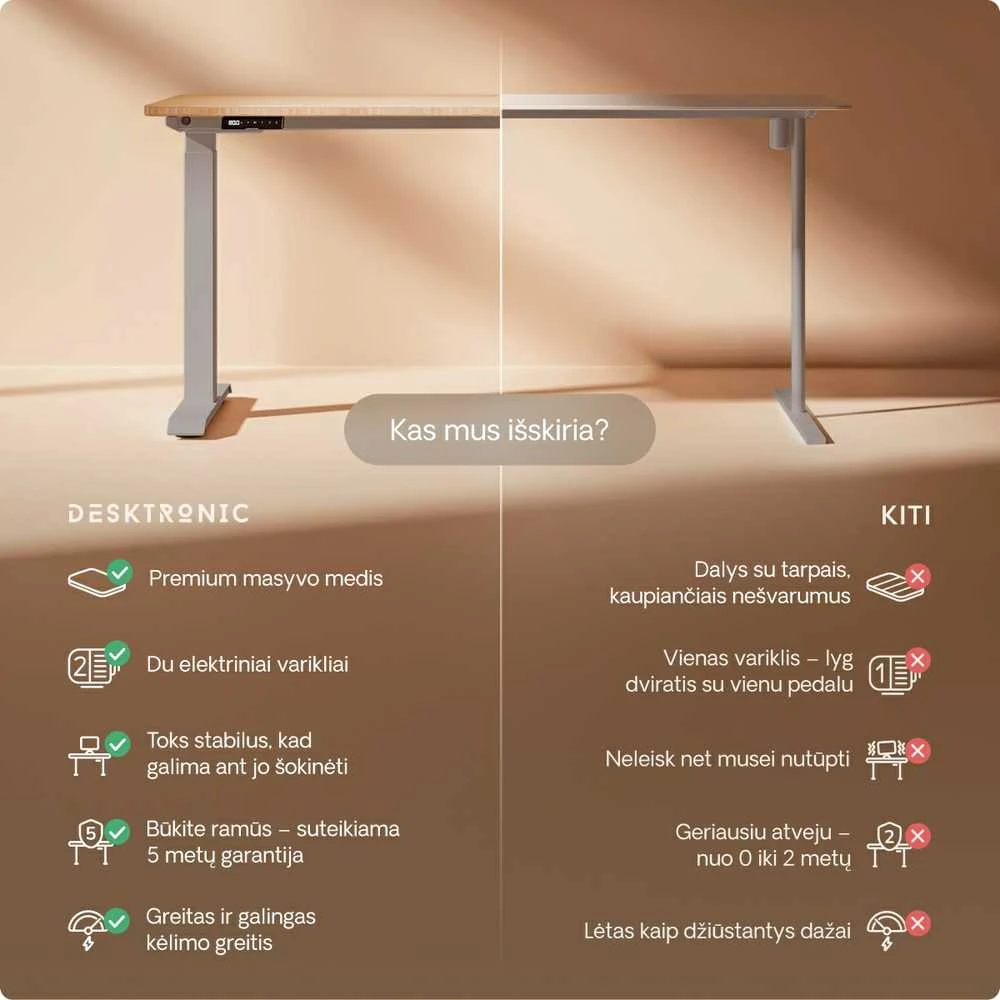Elektrinis reguliuojamo aukščio stalas Desktronic HomeOne Bambukas/Pilkas, 140x70cm, Dvigubas motoras, USB ir USB-C įkrovimo lizdai