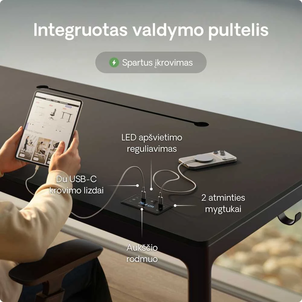 Elektrinis Reguliuojamo Aukščio Stalas Desktronic HomeMax Juodas/Juodas, 160x80cm, Keturi varikliai, Magnetinis kabelių laikiklis