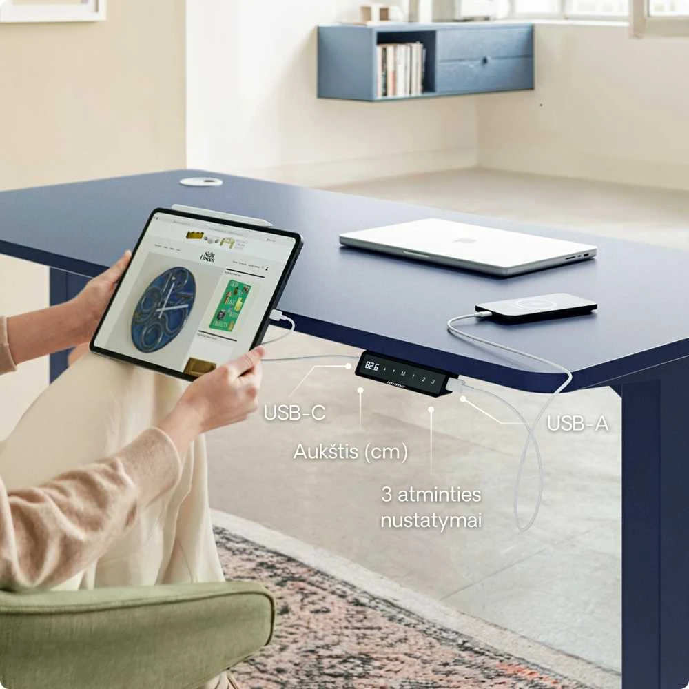 Elektrinis reguliuojamo aukščio stalas Desktronic HomePro Mėlynas/Baltas, 140x70cm, Dvigubas motoras, USB ir USB-C įkrovimo lizdai