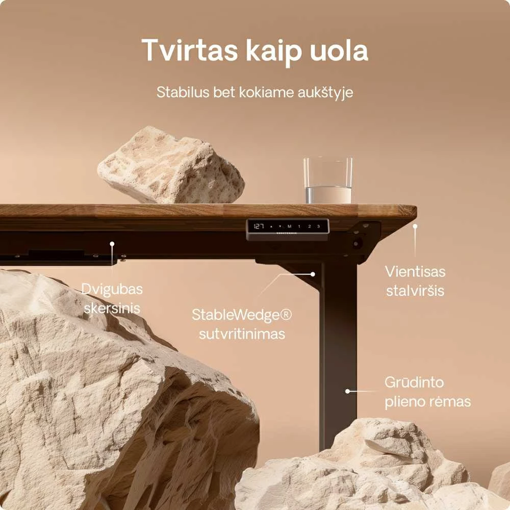 Elektrinis reguliuojamo aukščio stalas Desktronic HomePro Riešutmedžio masyvas/Juodas, 180x80cm, Dvigubas motoras, USB ir USB-C įkrovimo lizdai
