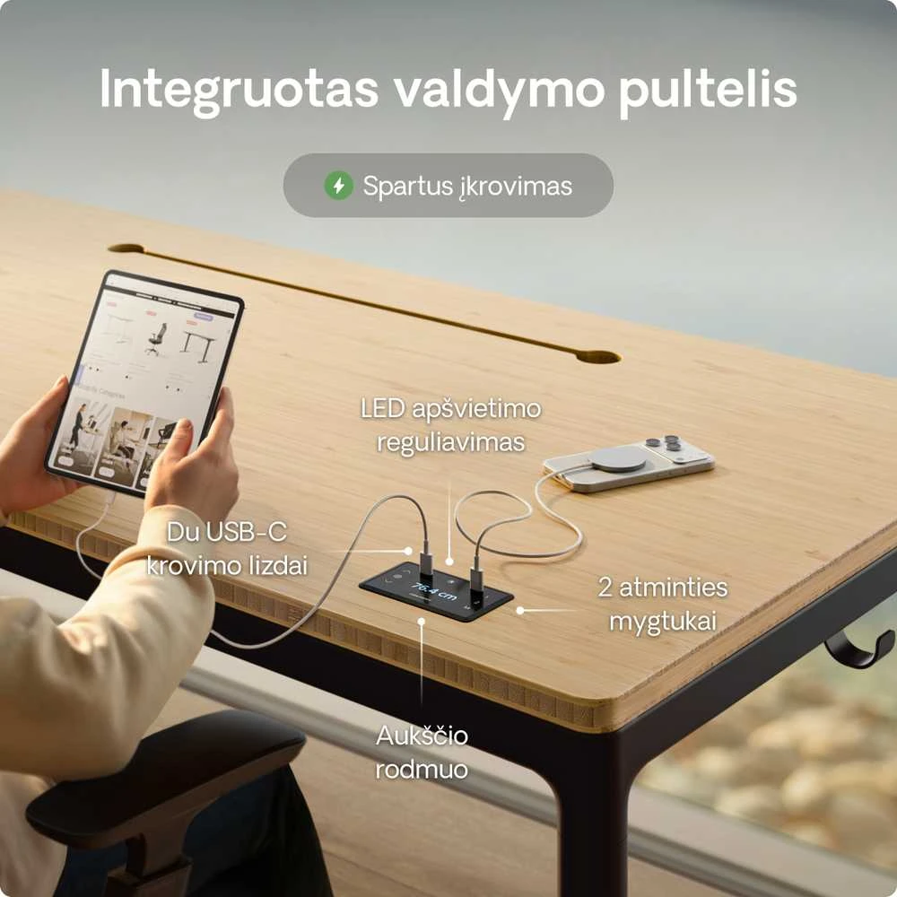 Elektrinis Reguliuojamo Aukščio Stalas Desktronic HomeMax Juodas/Bambukas, 160x80cm, Keturi varikliai, Magnetinis kabelių laikiklis