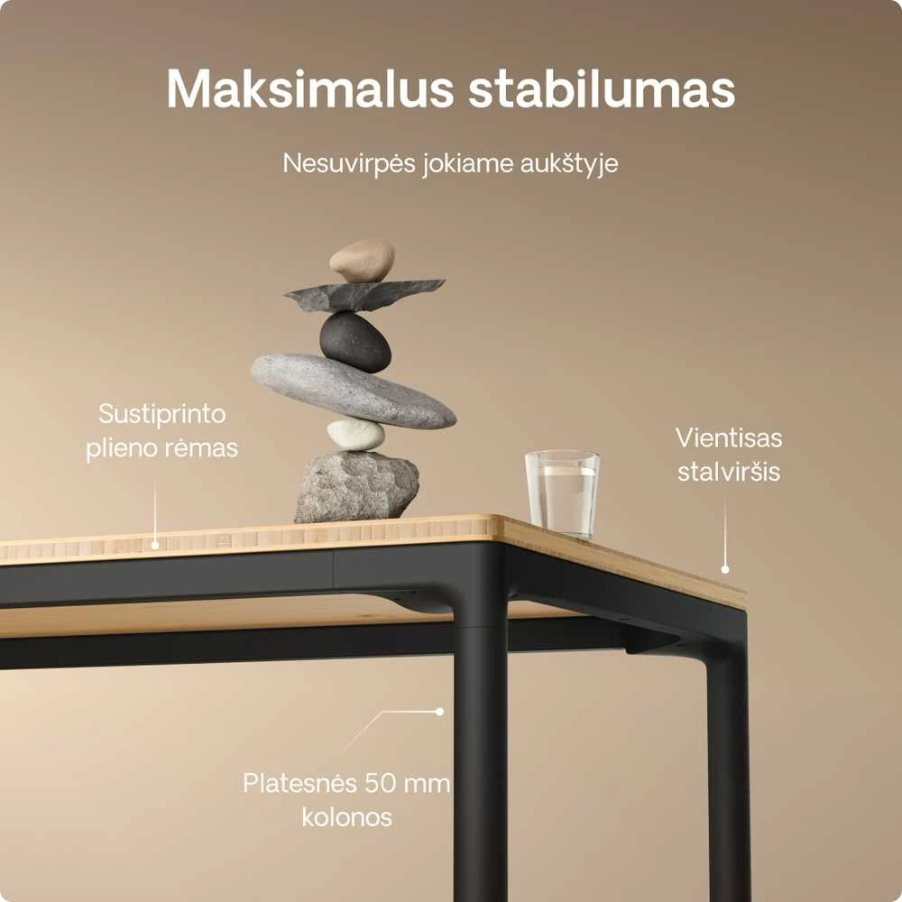 Elektrinis Reguliuojamo Aukščio Stalas Desktronic HomeMax Juodas/Bambukas, 160x80cm, Keturi varikliai, Magnetinis kabelių laikiklis