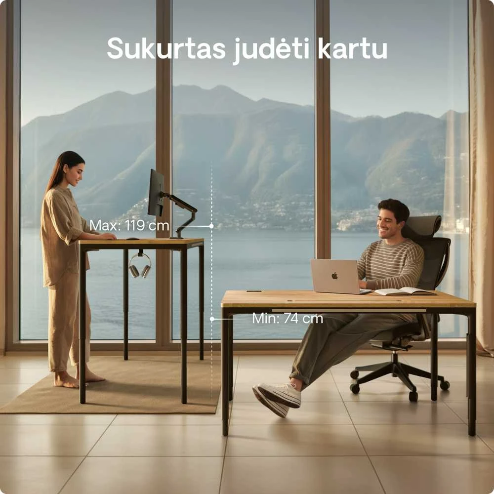 Elektrinis Reguliuojamo Aukščio Stalas Desktronic HomeMax Juodas/Ąžuolas, 160x80cm, Keturi varikliai, Magnetinis kabelių laikiklis