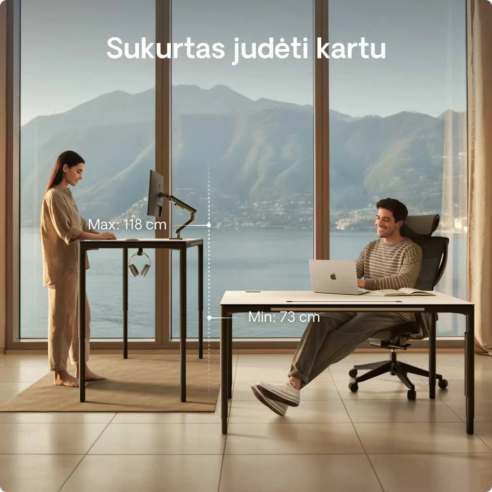 Elektrinis Reguliuojamo Aukščio Stalas Desktronic HomeMax Juodas/Baltas, 160x80cm, Keturi varikliai, Magnetinis kabelių laikiklis