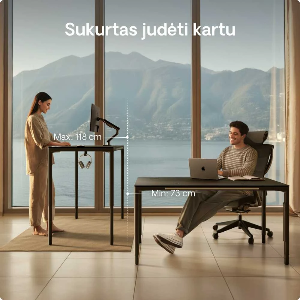Elektrinis Reguliuojamo Aukščio Stalas Desktronic HomeMax Juodas/Juodas, 160x80cm, Keturi varikliai, Magnetinis kabelių laikiklis