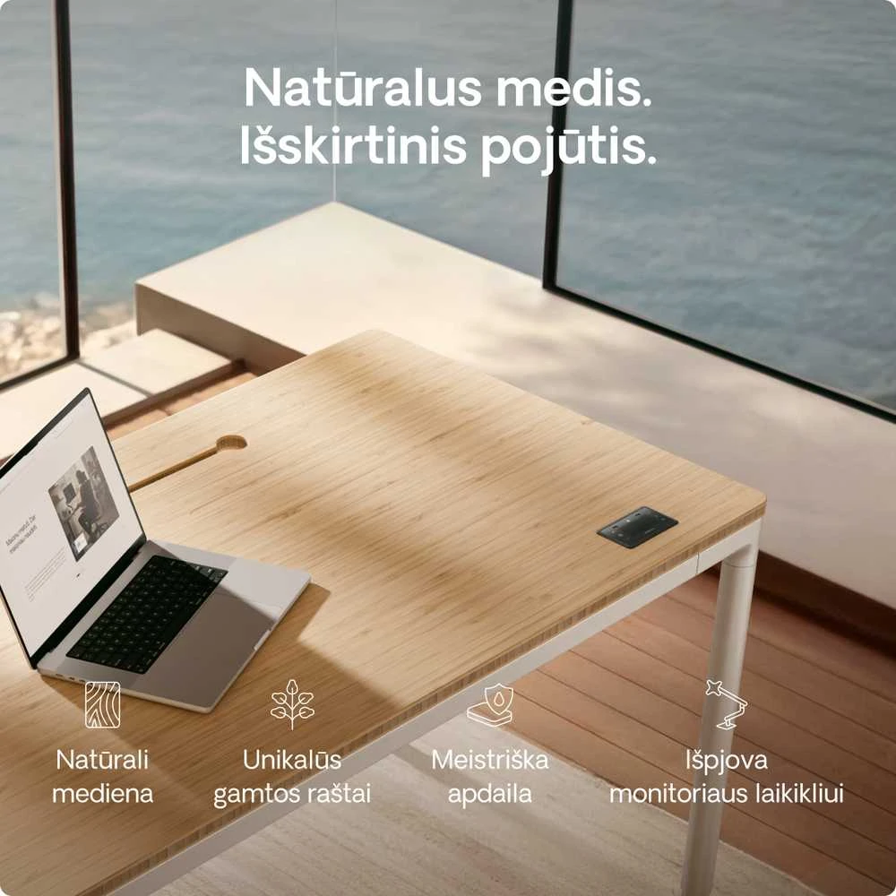 Elektrinis Reguliuojamo Aukščio Stalas Desktronic HomeMax Baltas/Bambukas, 160x80cm, Keturi varikliai, Magnetinis kabelių laikiklis