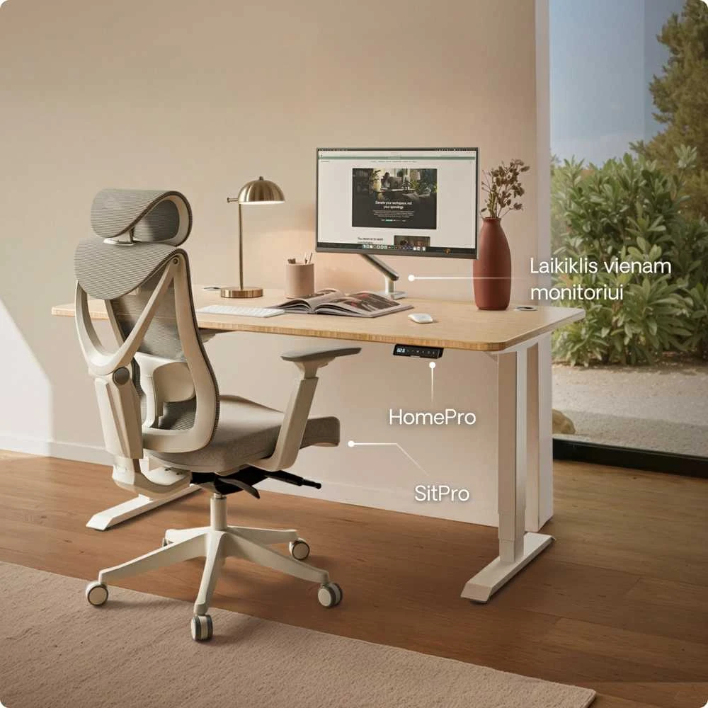 Elektrinis reguliuojamo aukščio stalas Desktronic HomePro Bambukas/Baltas, 200x80cm, Dvigubas motoras, USB ir USB-C įkrovimo lizdai