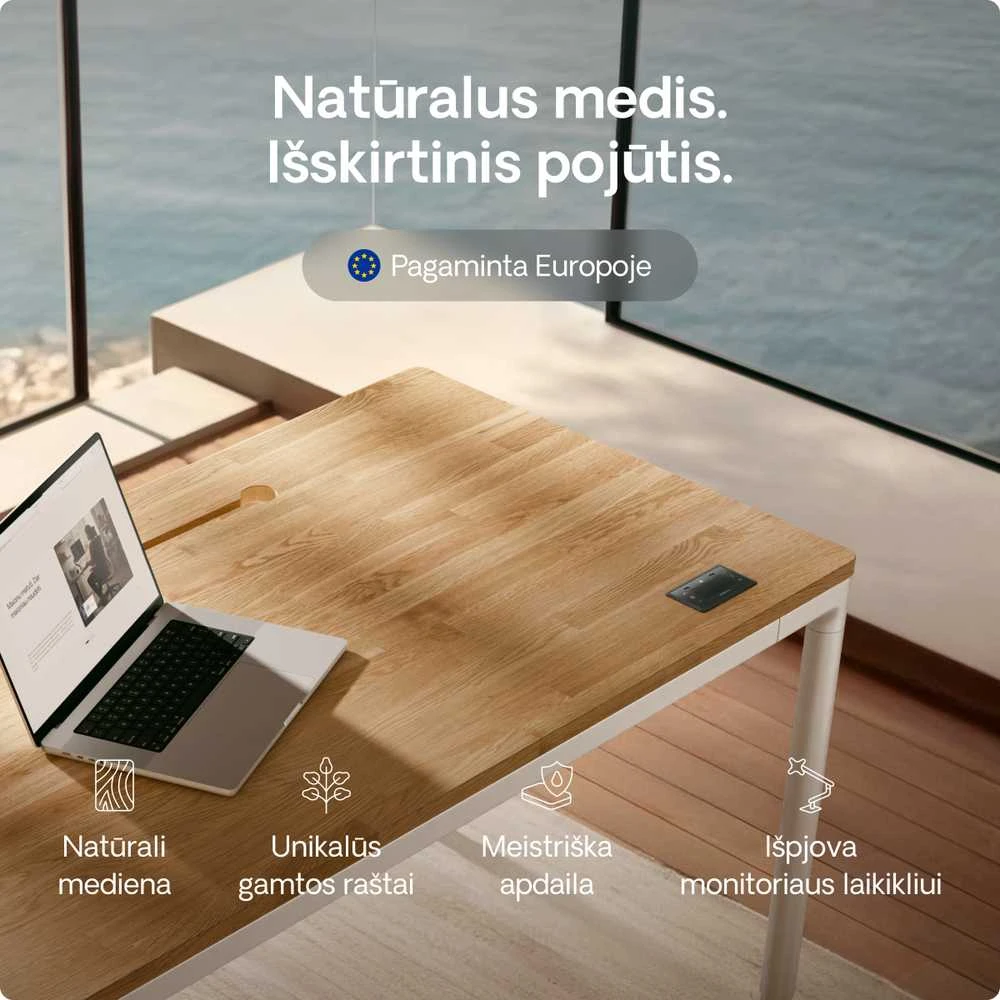Elektrinis Reguliuojamo Aukščio Stalas Desktronic HomeMax Baltas/Ąžuolas, 160x80cm, Keturi varikliai, Magnetinis kabelių laikiklis