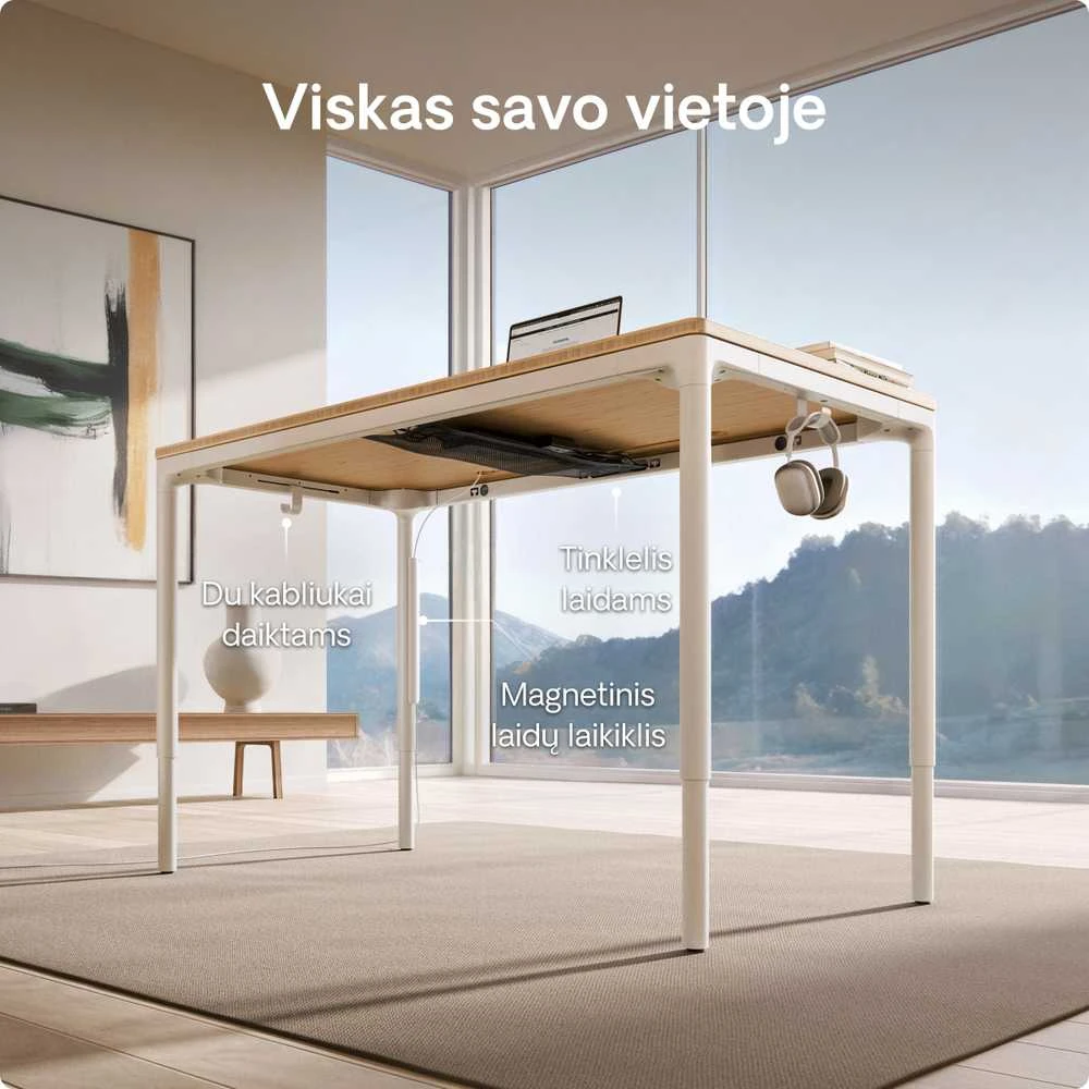 Elektrinis Reguliuojamo Aukščio Stalas Desktronic HomeMax Baltas/Bambukas, 160x80cm, Keturi varikliai, Magnetinis kabelių laikiklis