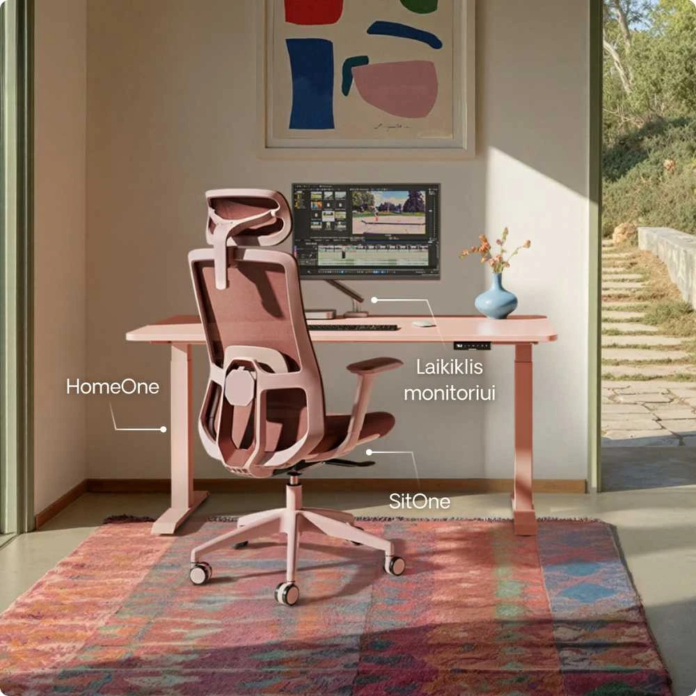 Elektrinis reguliuojamo aukščio stalas Desktronic HomeOne Rožinis/Rožinis, 120x60cm, Dvigubas motoras, USB ir USB-C įkrovimo lizdai