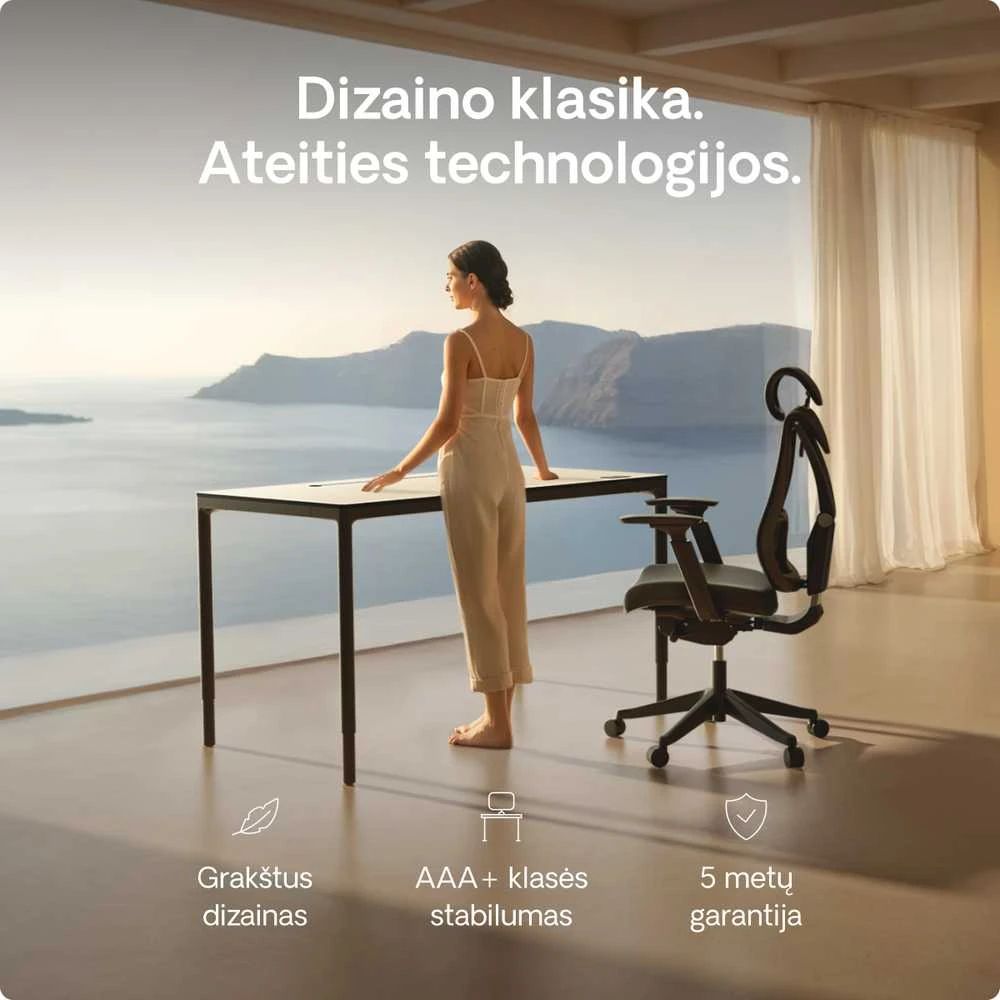 Desktronic HomeMax reguliuojamo aukščio stalas prie panoraminio lango