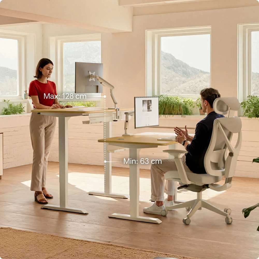 Elektrinis reguliuojamo aukščio stalas Desktronic HomePro Bambukas/Baltas, 200x80cm, Dvigubas motoras, USB ir USB-C įkrovimo lizdai
