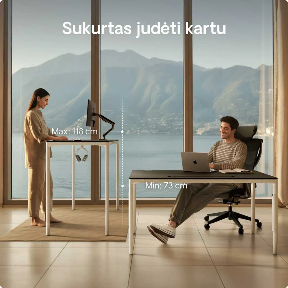 Elektrinis Reguliuojamo Aukščio Stalas Desktronic HomeMax Baltas/Juodas, 160x80cm, Keturi varikliai, Magnetinis kabelių laikiklis