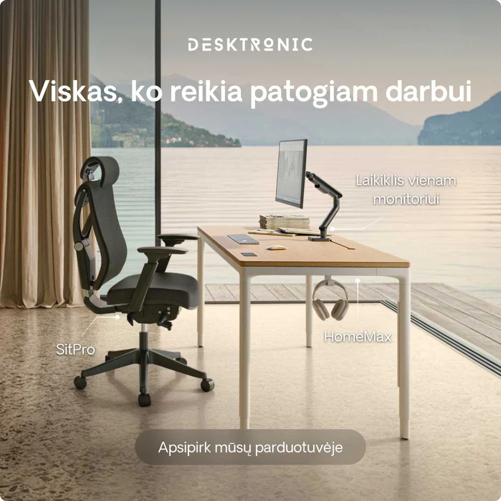 Elektrinis Reguliuojamo Aukščio Stalas Desktronic HomeMax Baltas/Bambukas, 160x80cm, Keturi varikliai, Magnetinis kabelių laikiklis