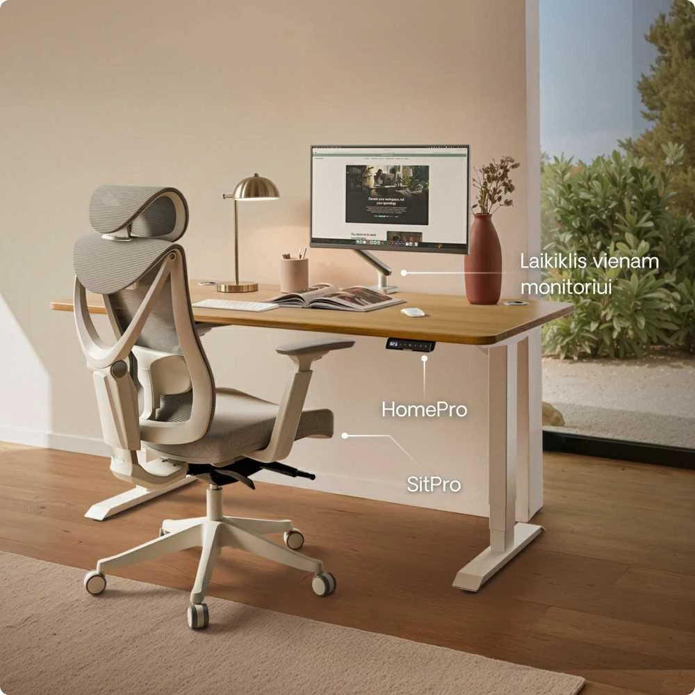Elektrinis reguliuojamo aukščio stalas Desktronic HomePro Ąžuolo masyvas/Baltas, 200x80cm, Dvigubas motoras, USB ir USB-C įkrovimo lizdai