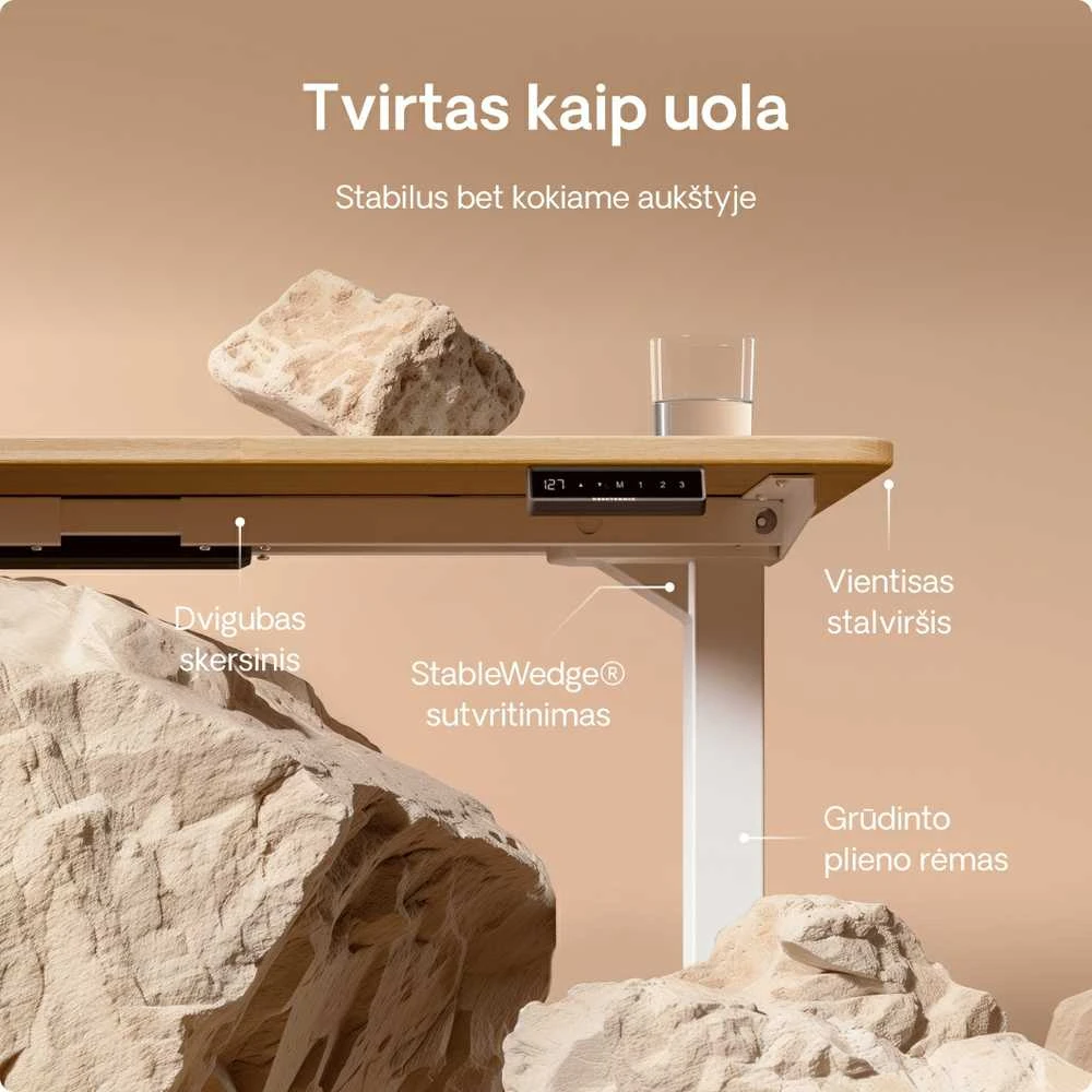 Elektrinis reguliuojamo aukščio stalas Desktronic HomePro Ąžuolo masyvas/Baltas, 200x80cm, Dvigubas motoras, USB ir USB-C įkrovimo lizdai