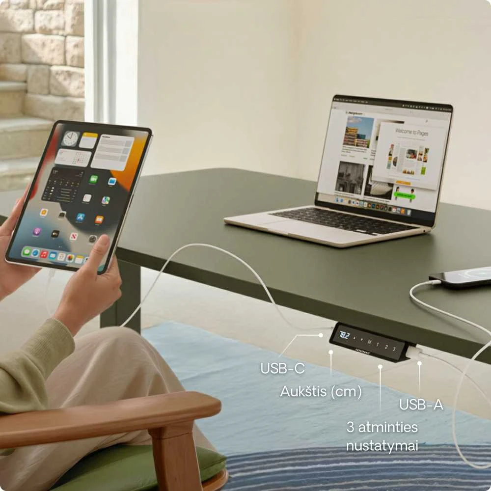 Elektrinis reguliuojamo aukščio stalas Desktronic HomeOne Žalias/Žalias, 120x60cm, Dvigubas motoras, USB ir USB-C įkrovimo lizdai