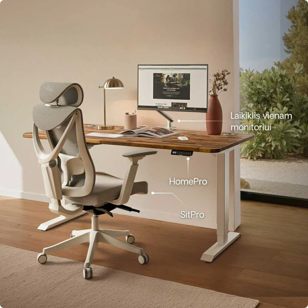 Elektrinis reguliuojamo aukščio stalas Desktronic HomePro Riešutmedžio masyvas/Baltas, 200x80cm, Dvigubas motoras, USB ir USB-C įkrovimo lizdai