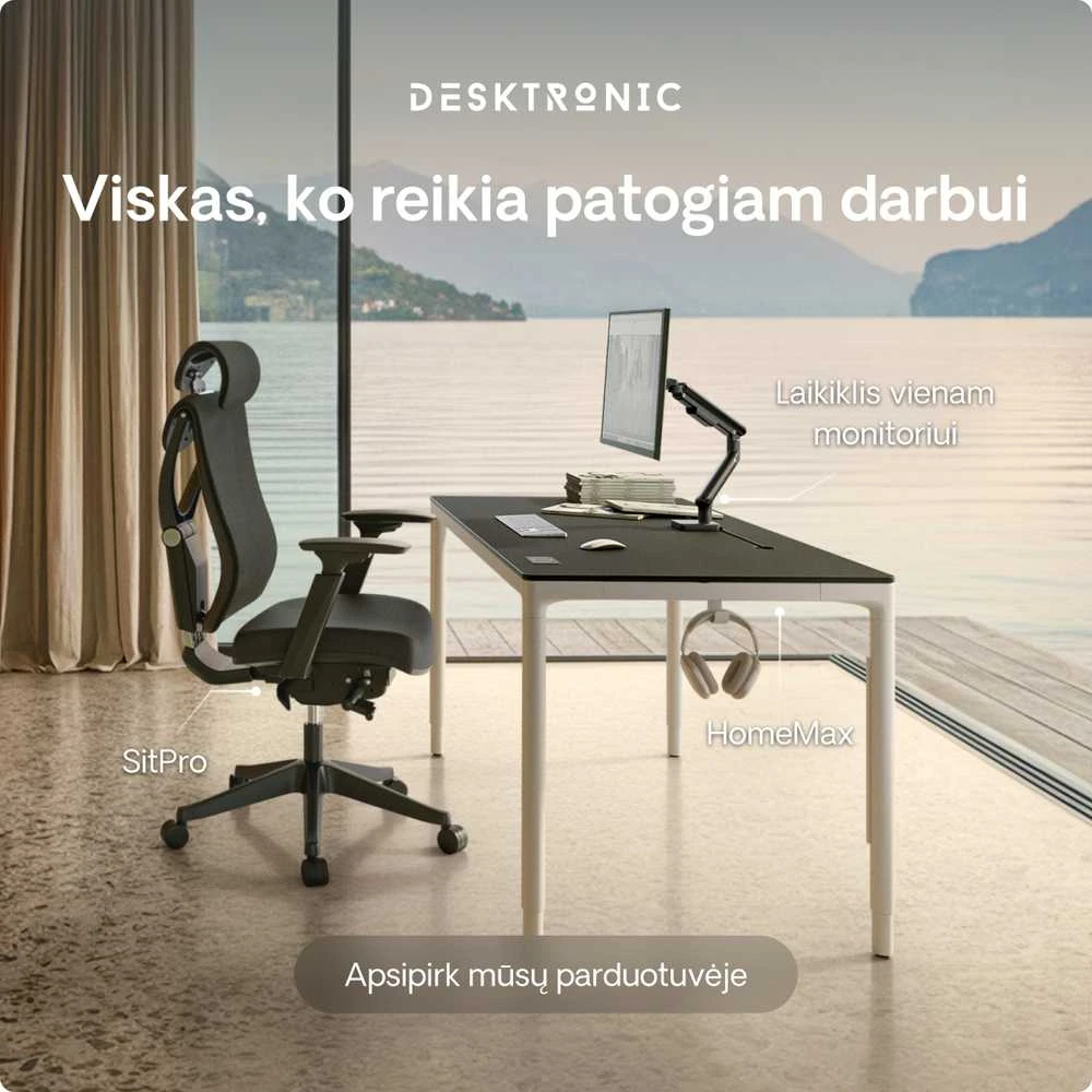 Elektrinis Reguliuojamo Aukščio Stalas Desktronic HomeMax Baltas/Juodas, 160x80cm, Keturi varikliai, Magnetinis kabelių laikiklis