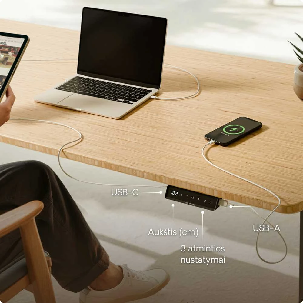 Elektrinis reguliuojamo aukščio stalas Desktronic HomeOne Bambukas/Juodas, 140x70cm, Dvigubas motoras, USB ir USB-C įkrovimo lizdai
