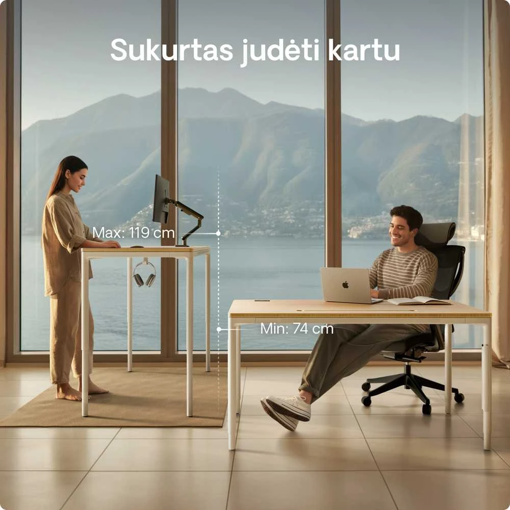 Elektrinis Reguliuojamo Aukščio Stalas Desktronic HomeMax Baltas/Bambukas, 160x80cm, Keturi varikliai, Magnetinis kabelių laikiklis