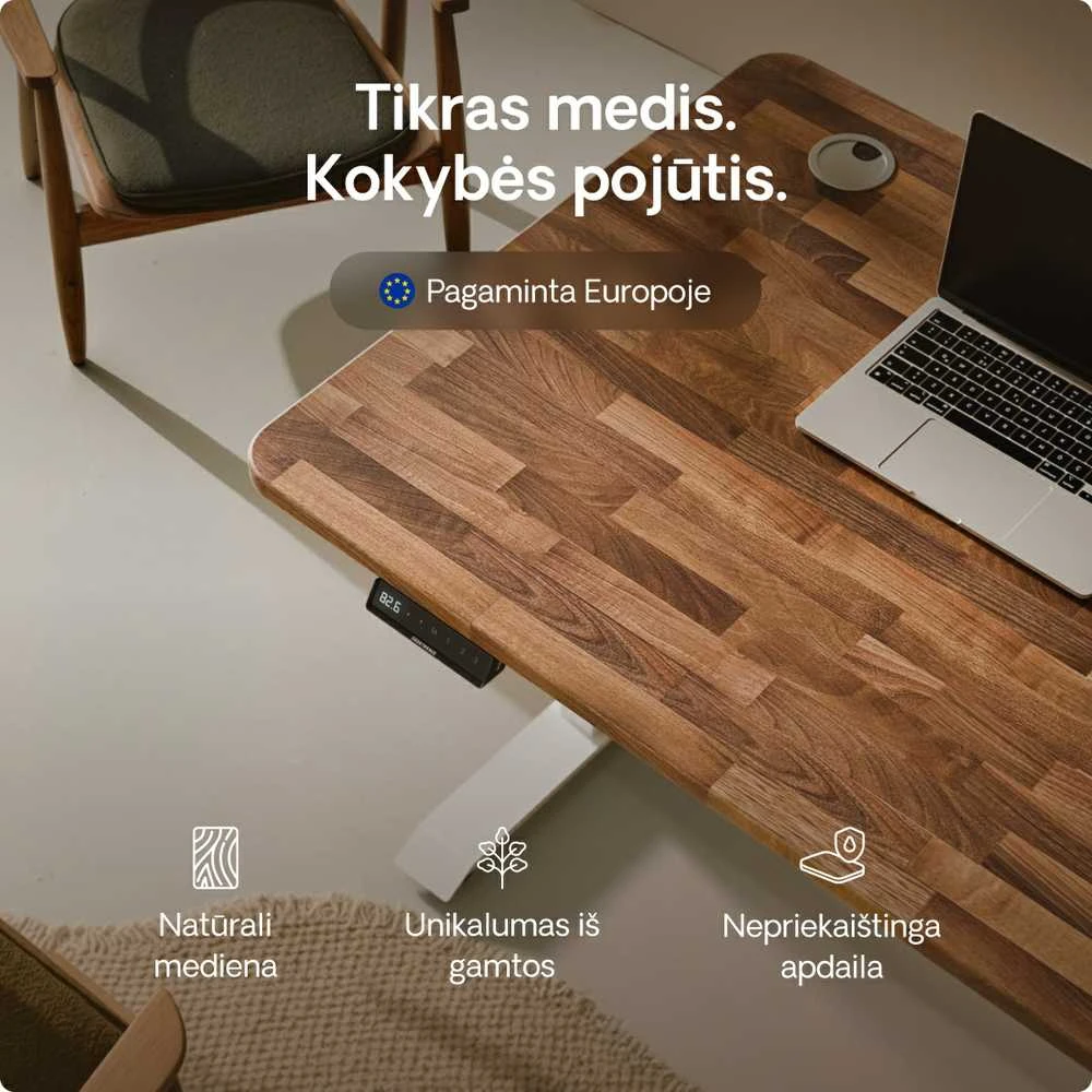 Elektrinis reguliuojamo aukščio stalas Desktronic HomePro Riešutmedžio masyvas/Baltas, 200x80cm, Dvigubas motoras, USB ir USB-C įkrovimo lizdai