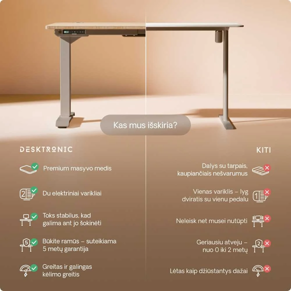 Elektrinis reguliuojamo aukščio stalas Desktronic HomePro Bambukas/Pilkas, 140x70cm, Dvigubas motoras, USB ir USB-C įkrovimo lizdai