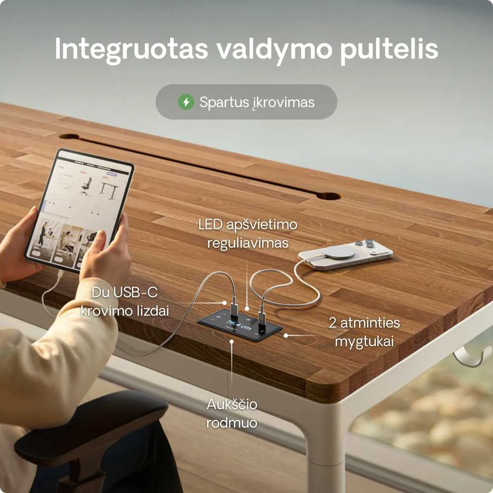 Elektrinis Reguliuojamo Aukščio Stalas Desktronic HomeMax Baltas/Riešutmedis, 160x80cm, Keturi varikliai, Magnetinis kabelių laikiklis