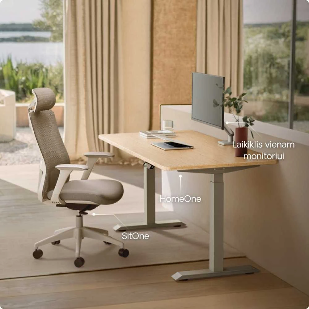 Elektrinis reguliuojamo aukščio stalas Desktronic HomeOne Bambukas/Pilkas, 140x70cm, Dvigubas motoras, USB ir USB-C įkrovimo lizdai