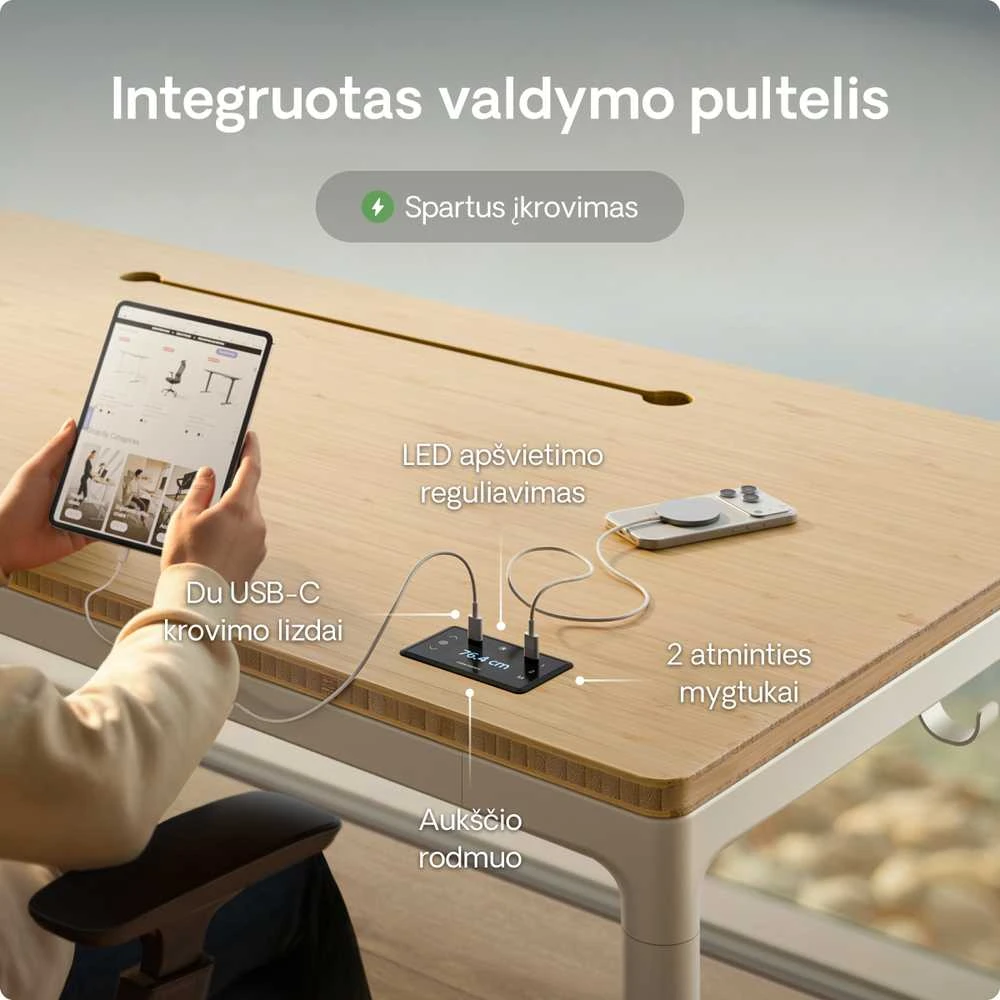Elektrinis Reguliuojamo Aukščio Stalas Desktronic HomeMax Baltas/Bambukas, 160x80cm, Keturi varikliai, Magnetinis kabelių laikiklis