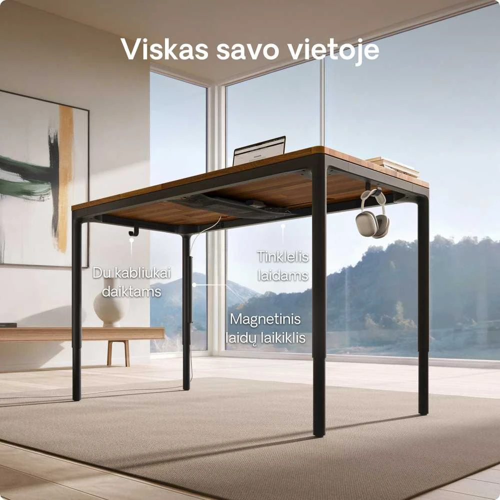 Elektrinis Reguliuojamo Aukščio Stalas Desktronic HomeMax Juodas/Riešutmedis, 160x80cm, Keturi varikliai, Magnetinis kabelių laikiklis