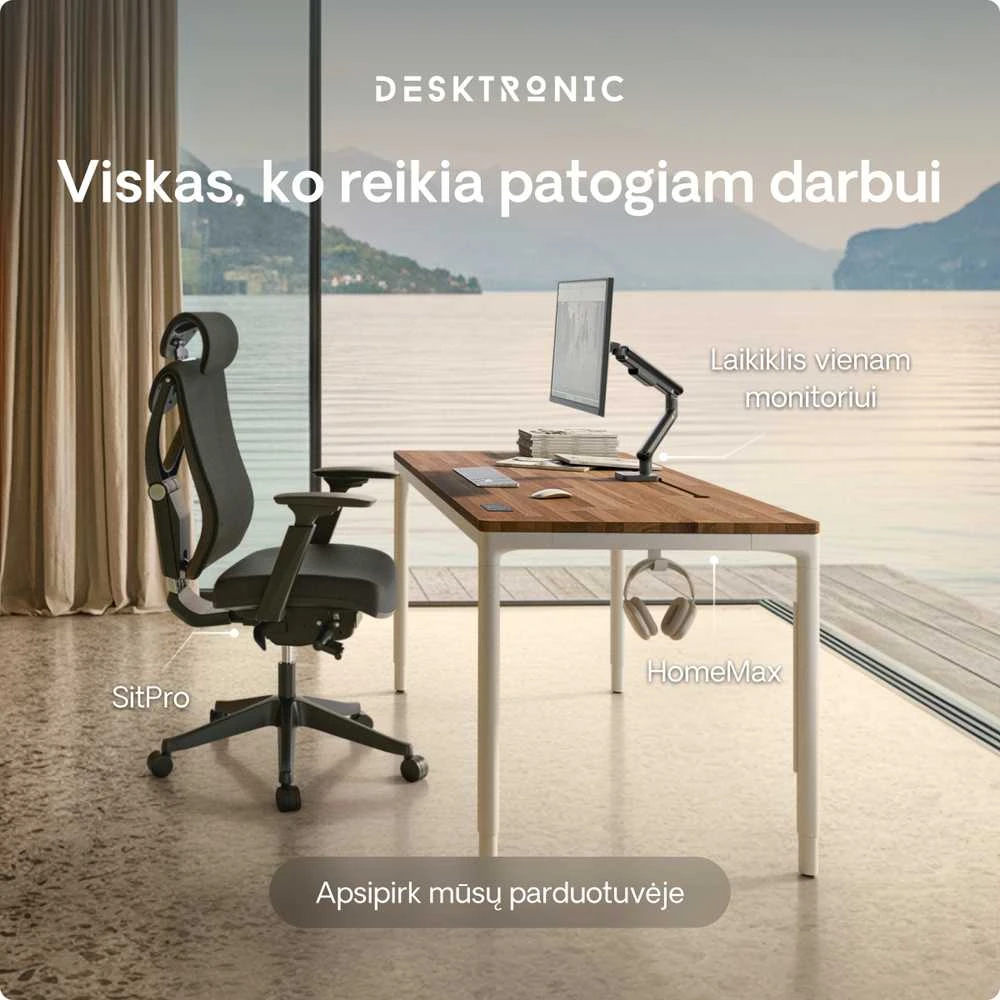 Elektrinis Reguliuojamo Aukščio Stalas Desktronic HomeMax Baltas/Riešutmedis, 160x80cm, Keturi varikliai, Magnetinis kabelių laikiklis